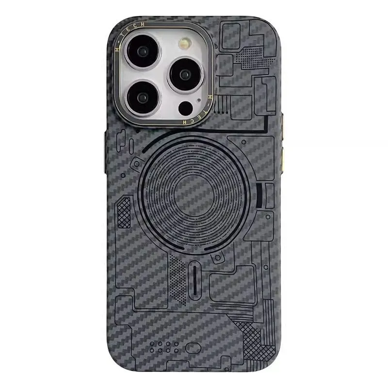 PC phone case with carbon fiber grain texture, Graphite Black colour, magnetic ring visible, for iPhone series.