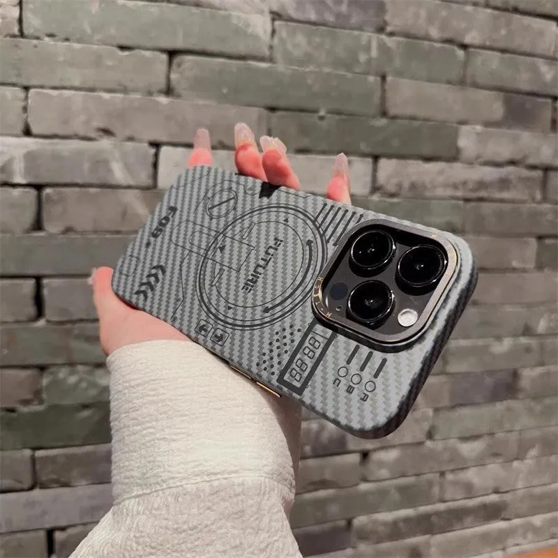 PC phone case with carbon fiber grain texture, Graphite Black colour, magnetic ring visible, for iPhone series.