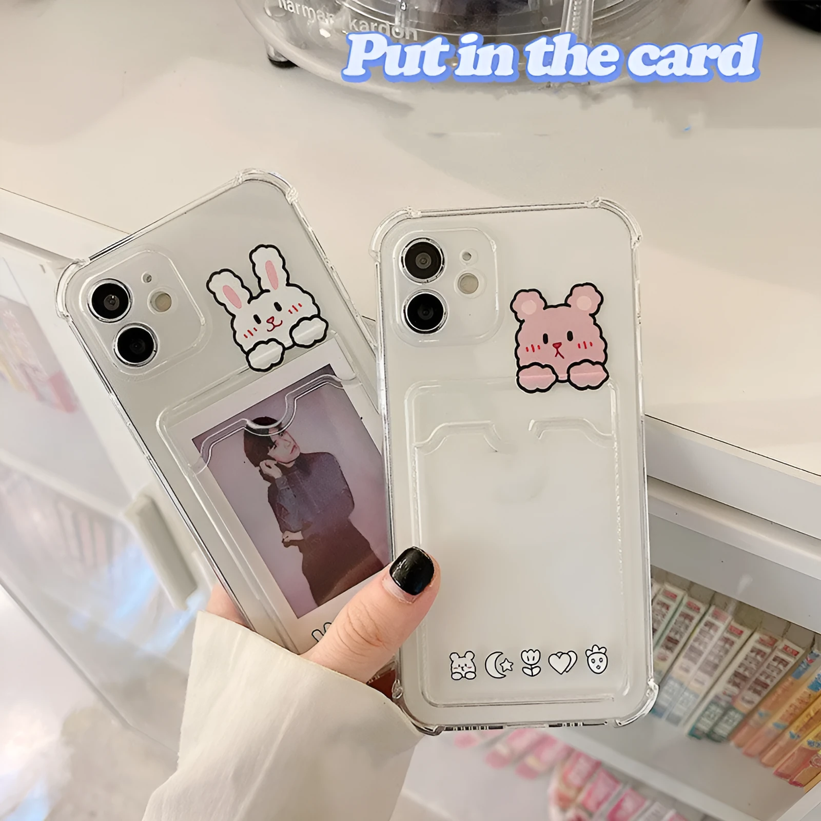 Cartoon artwork transparent TPU phone case with card holder slot for iPhone