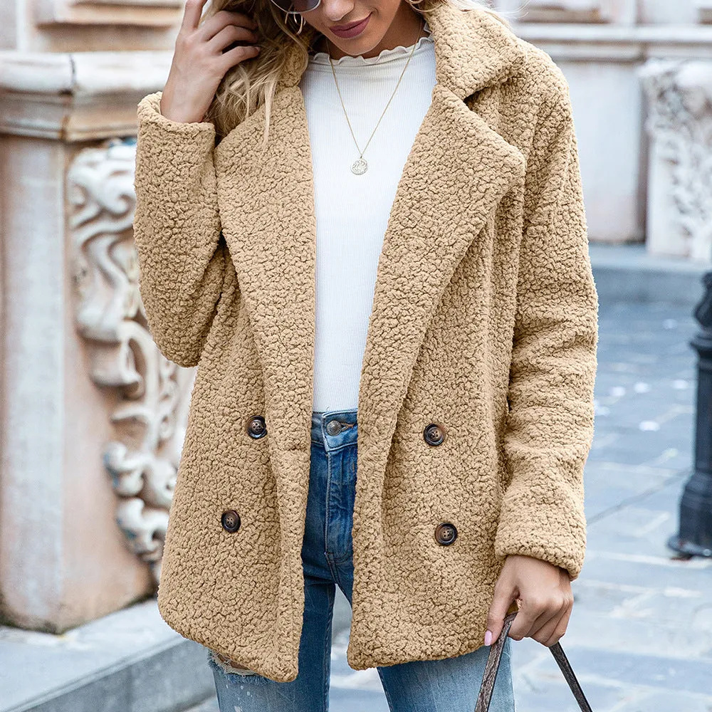 Women's loose lapel fluffy button-front winter coat cardigan in multiple colours