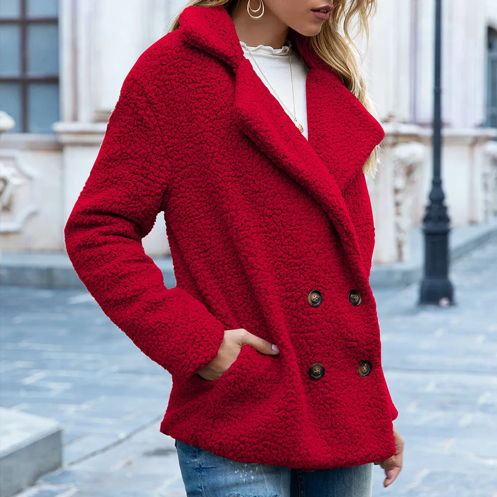 Women's loose lapel fluffy button-front winter coat cardigan in multiple colours