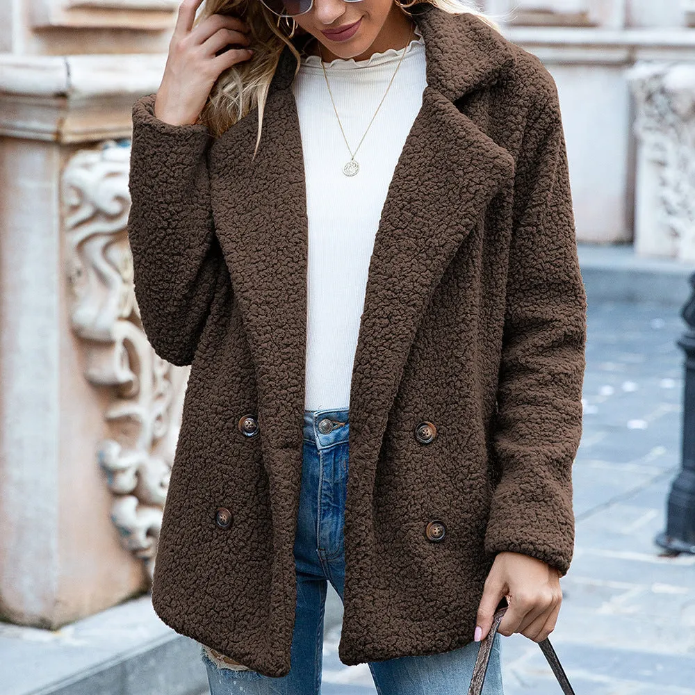 Women's loose lapel fluffy button-front winter coat cardigan in multiple colours