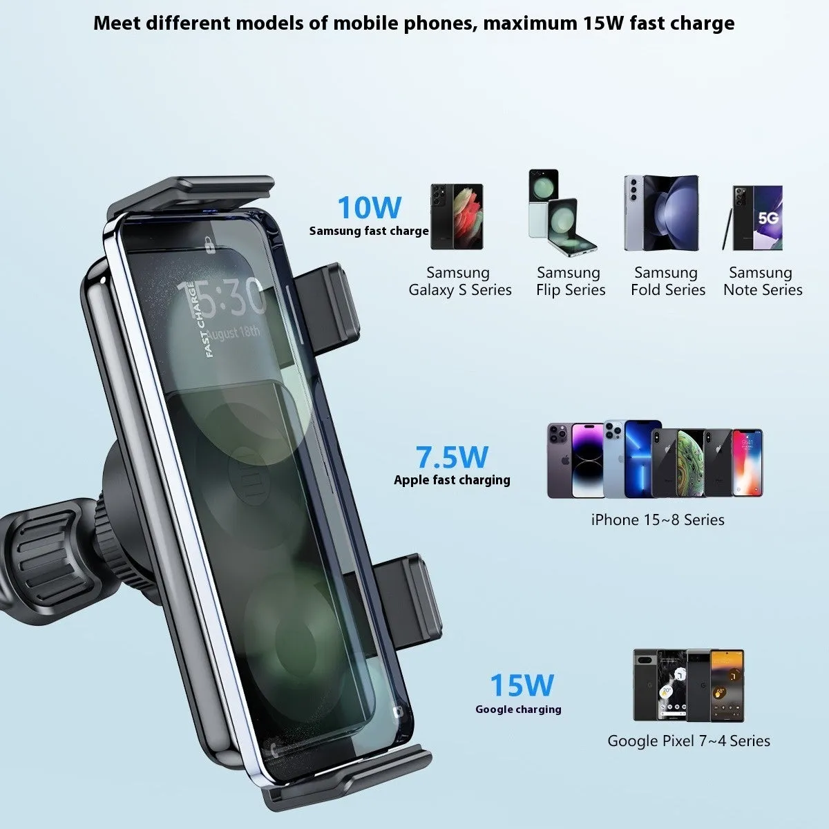 New car wireless charger mobile phone holder in alloy, universal style with 360-degree rotation