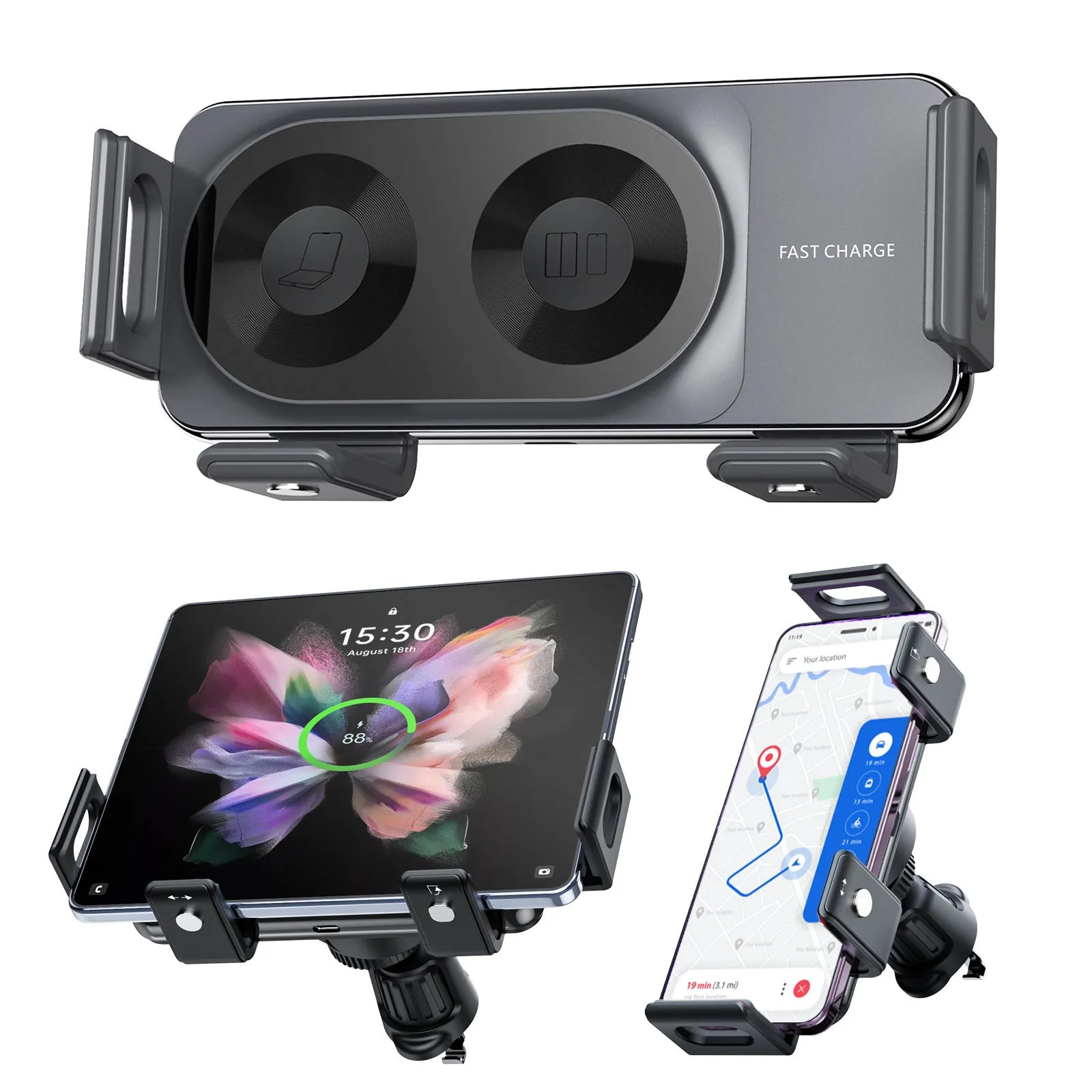 New car wireless charger mobile phone holder in alloy, universal style with 360-degree rotation