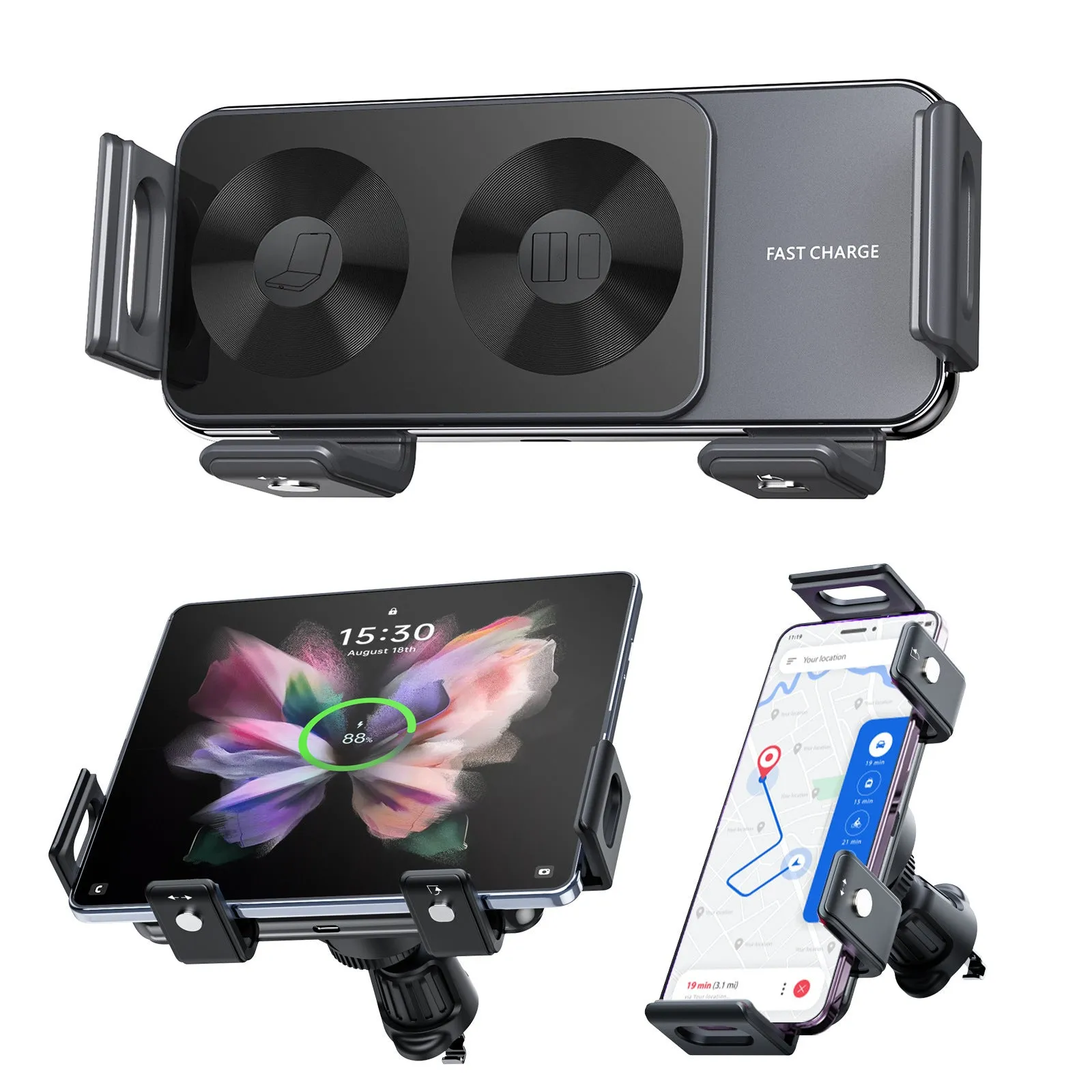 New car wireless charger mobile phone holder in alloy, universal style with 360-degree rotation