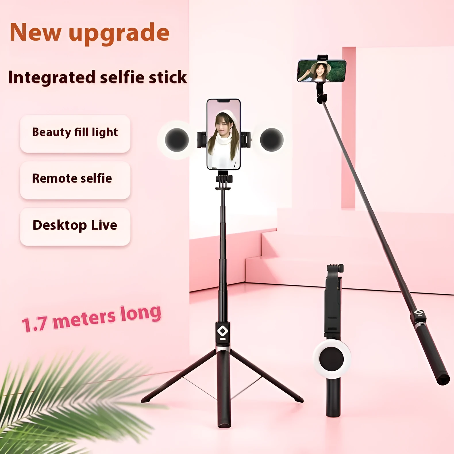 T11 aluminium alloy selfie stick with dual light, available in black and white colours
