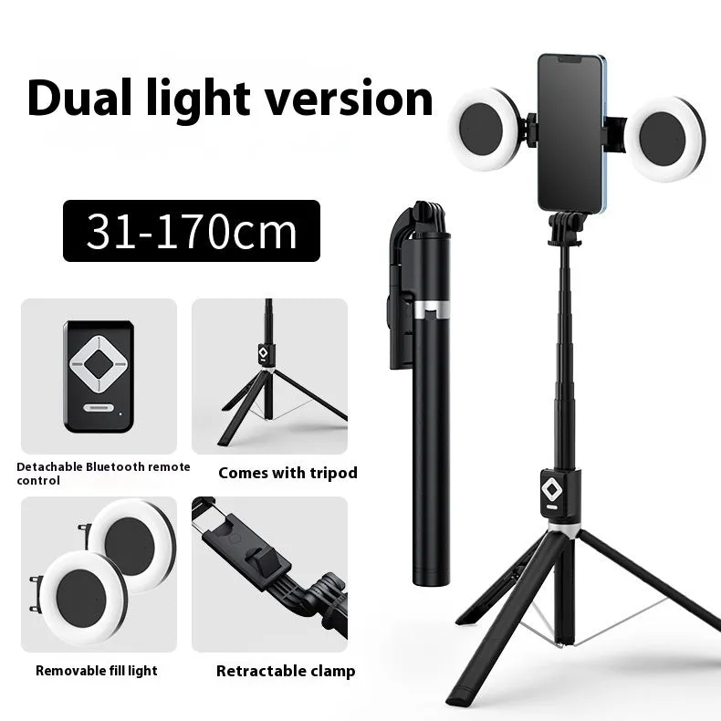 T11 aluminium alloy selfie stick with dual light, available in black and white colours