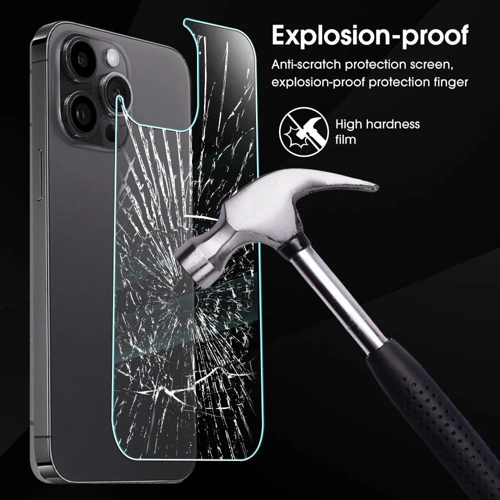 Tempered back glass film for iPhone 12 to 15 series showing rear panel protection