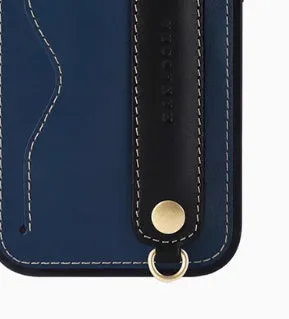 First layer cowhide phone case for iPhone 15 Pro Max with lanyard holder, blue and black colour