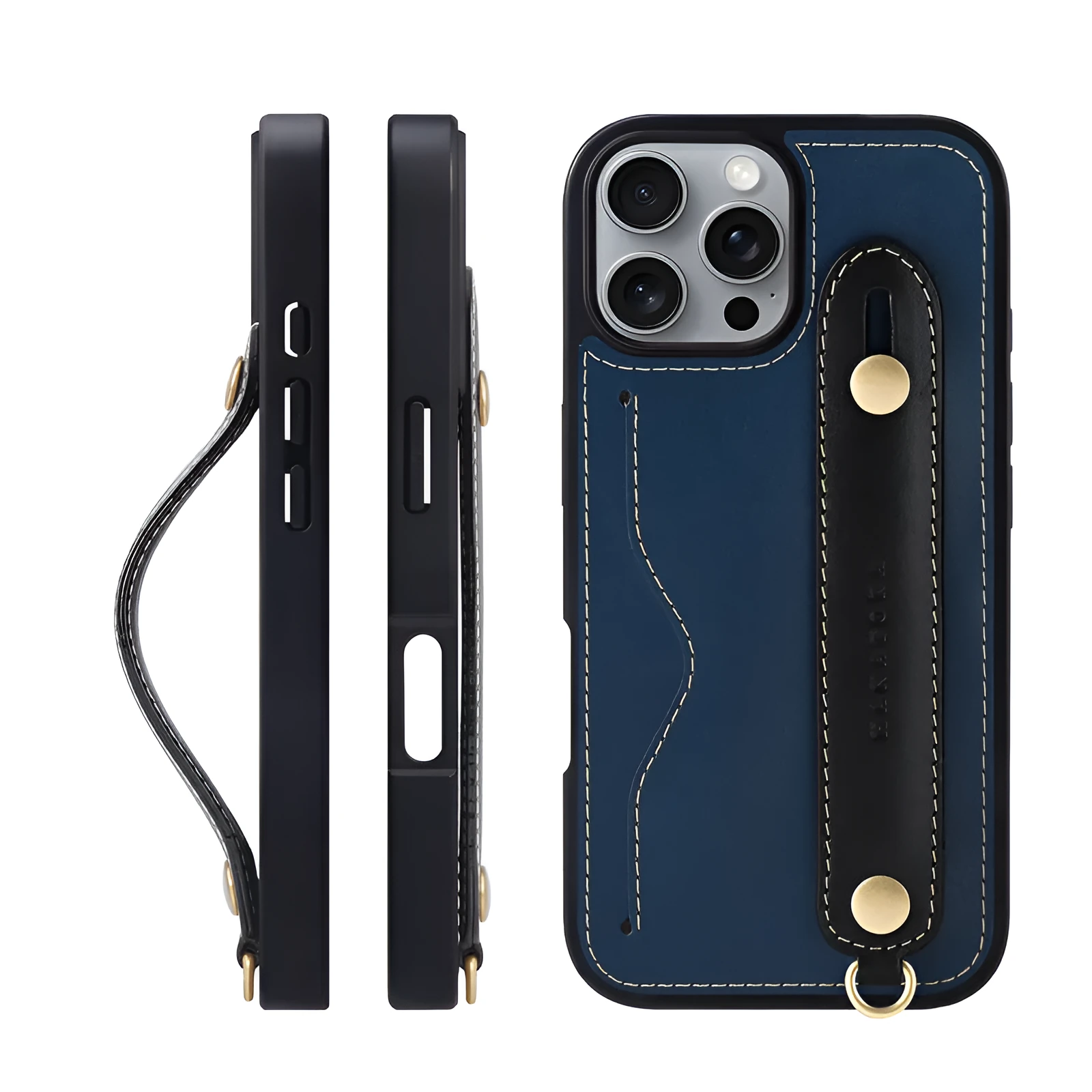 First layer cowhide phone case for iPhone 15 Pro Max with lanyard holder, blue and black colour
