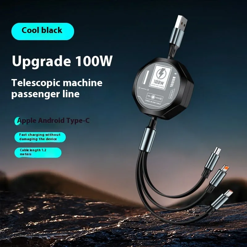 Telescopic three-in-one fast charge data cable 1.2m in black with Type-C, Apple Lightning, and MICRO interfaces