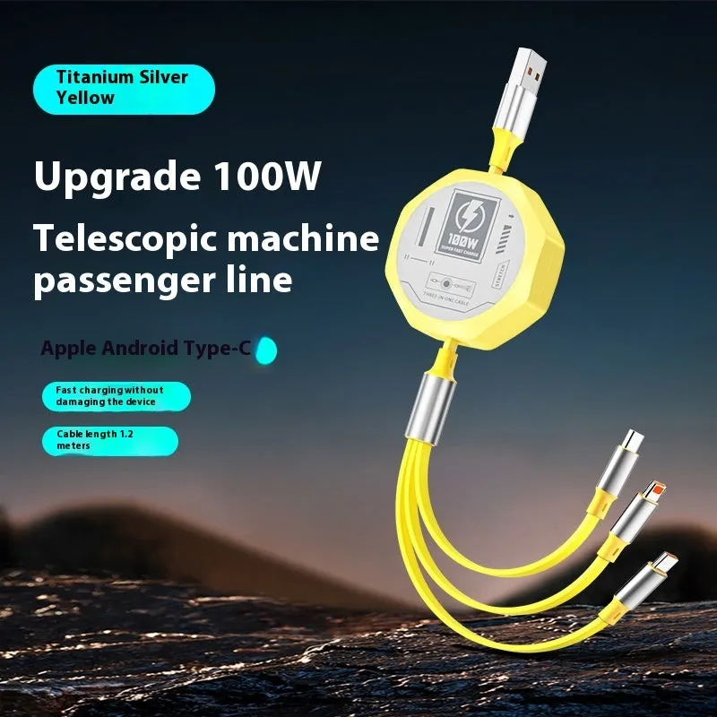 Telescopic three-in-one fast charge data cable 1.2m in black with Type-C, Apple Lightning, and MICRO interfaces