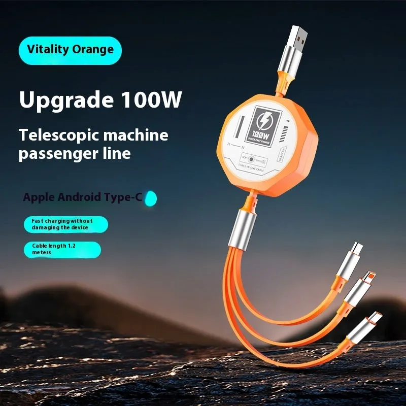 Telescopic three-in-one fast charge data cable 1.2m in black with Type-C, Apple Lightning, and MICRO interfaces
