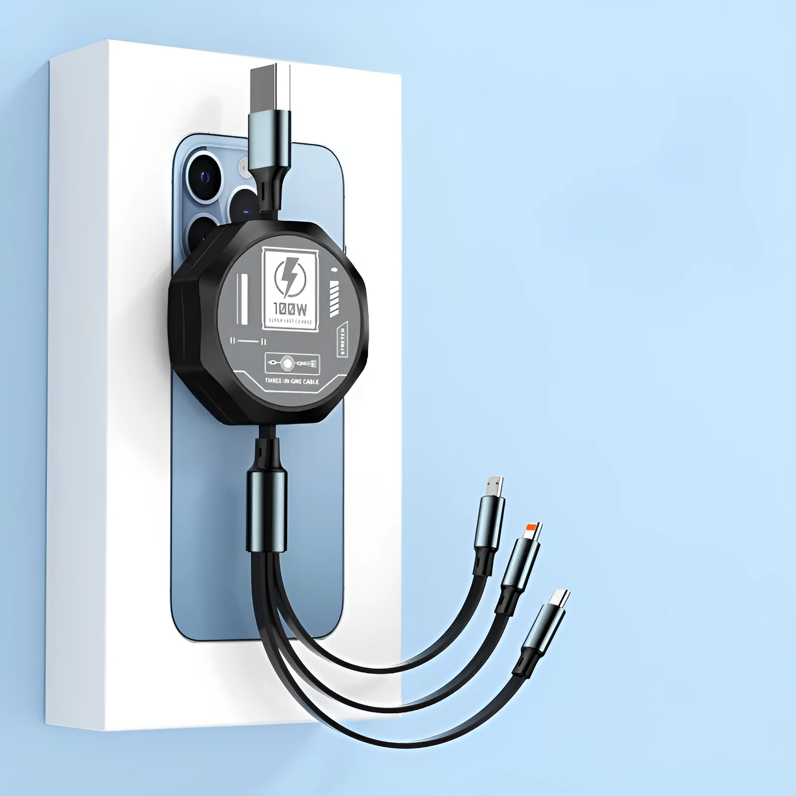 Telescopic three-in-one fast charge data cable 1.2m in black with Type-C, Apple Lightning, and MICRO interfaces
