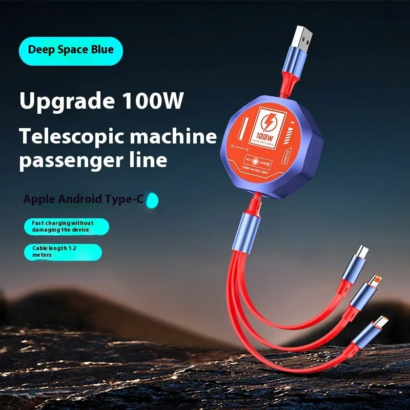 Telescopic three-in-one fast charge data cable 1.2m in black with Type-C, Apple Lightning, and MICRO interfaces