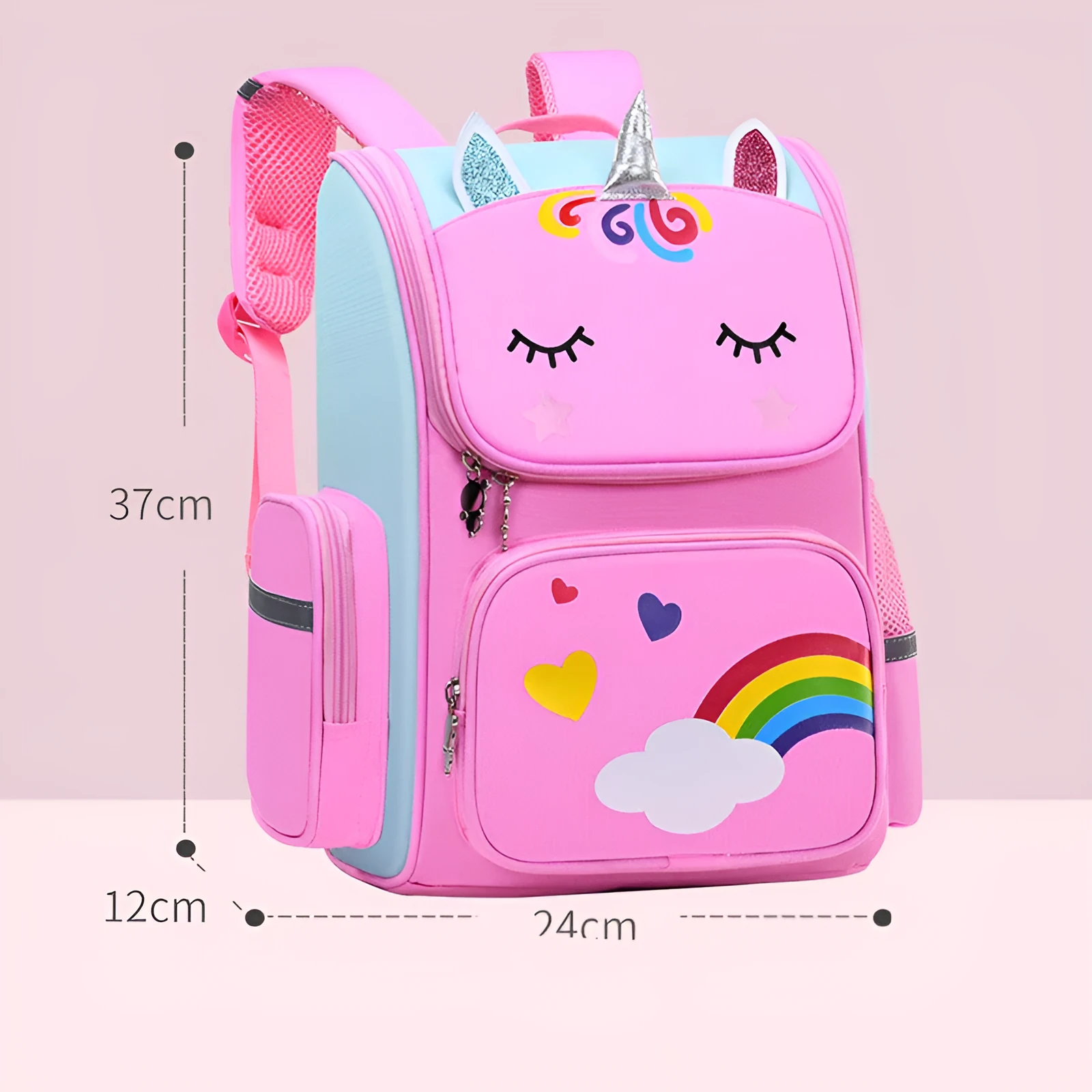 Children's polyester school backpack for primary students in blue, pink, or purple colours with two size options