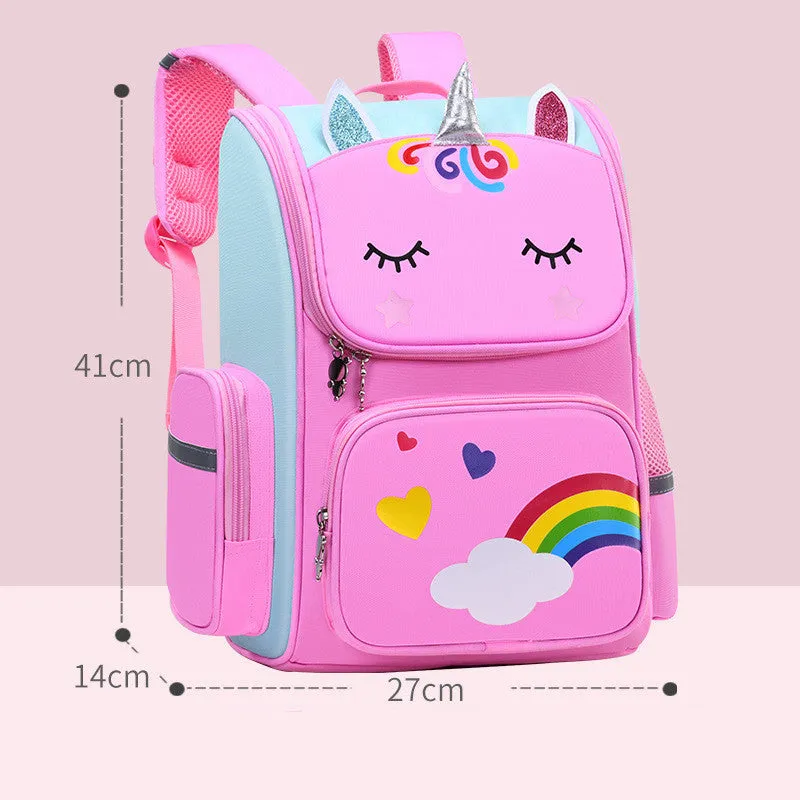 Children's polyester school backpack for primary students in blue, pink, or purple colours with two size options