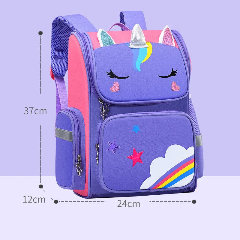 Children's polyester school backpack for primary students in blue, pink, or purple colours with two size options