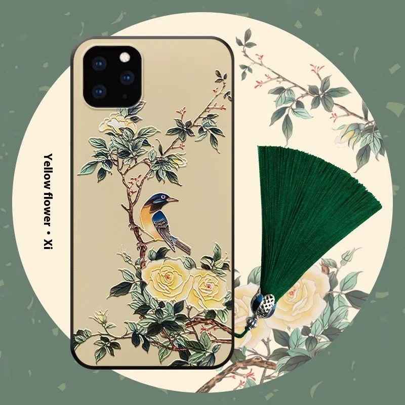 Custom soft TPU phone case with magnolia magpie design, dark green tassel and h-ring, suitable for iPhone 11 Pro Max