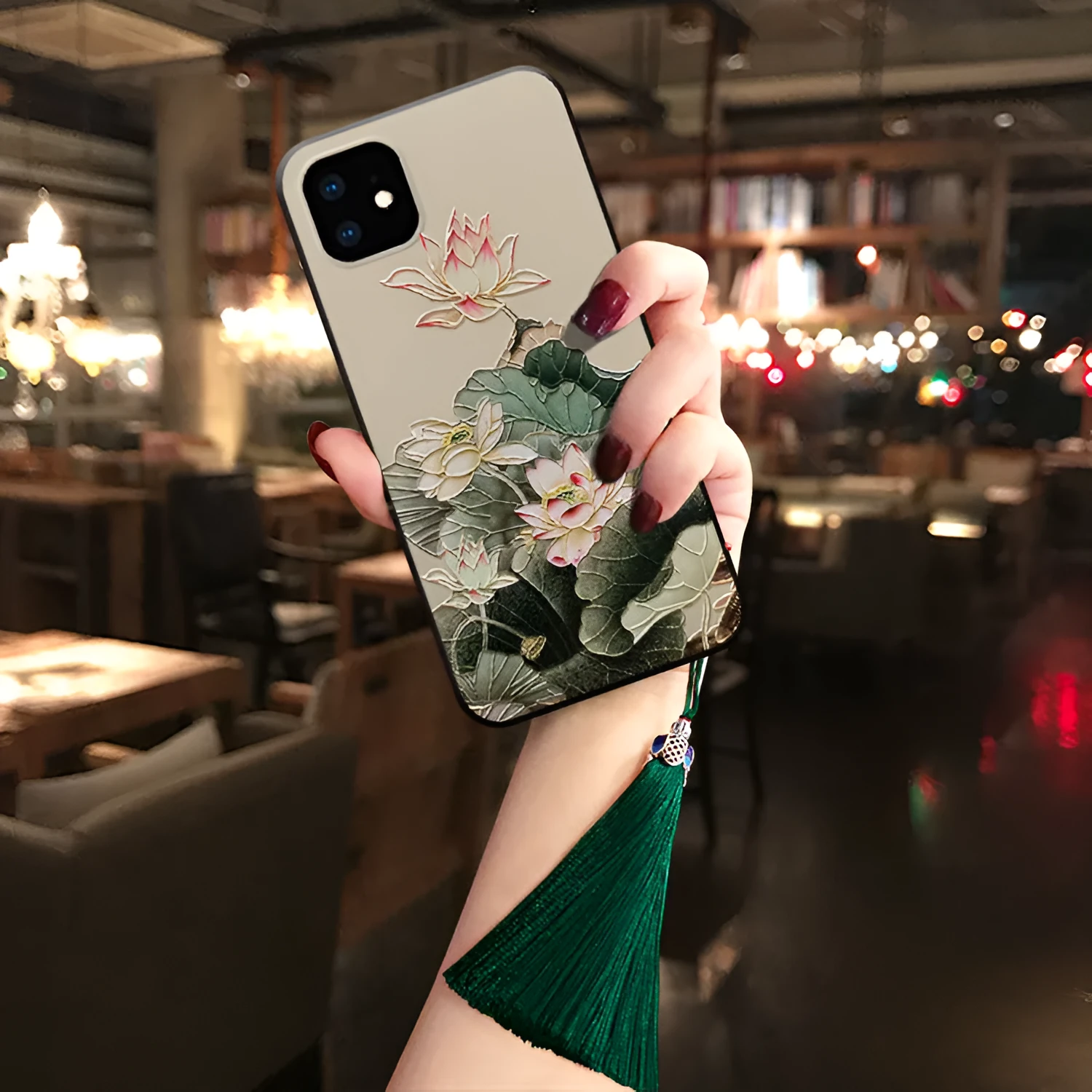 Custom soft TPU phone case with magnolia magpie design, dark green tassel and h-ring, suitable for iPhone 11 Pro Max