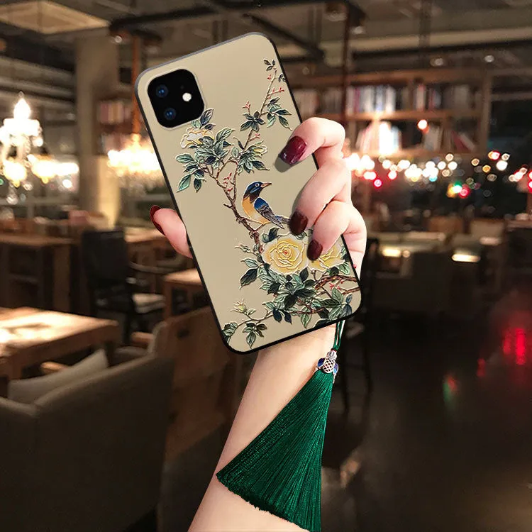 Custom soft TPU phone case with magnolia magpie design, dark green tassel and h-ring, suitable for iPhone 11 Pro Max