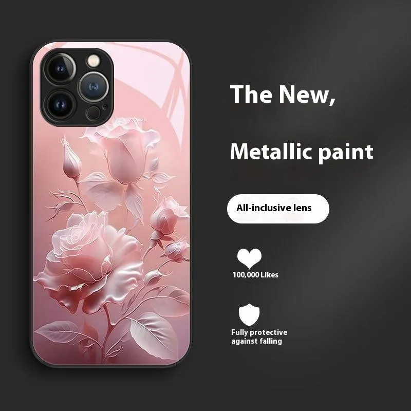 Blooming rose painted tempered glass phone case in pink colour for iPhone 12-15 series