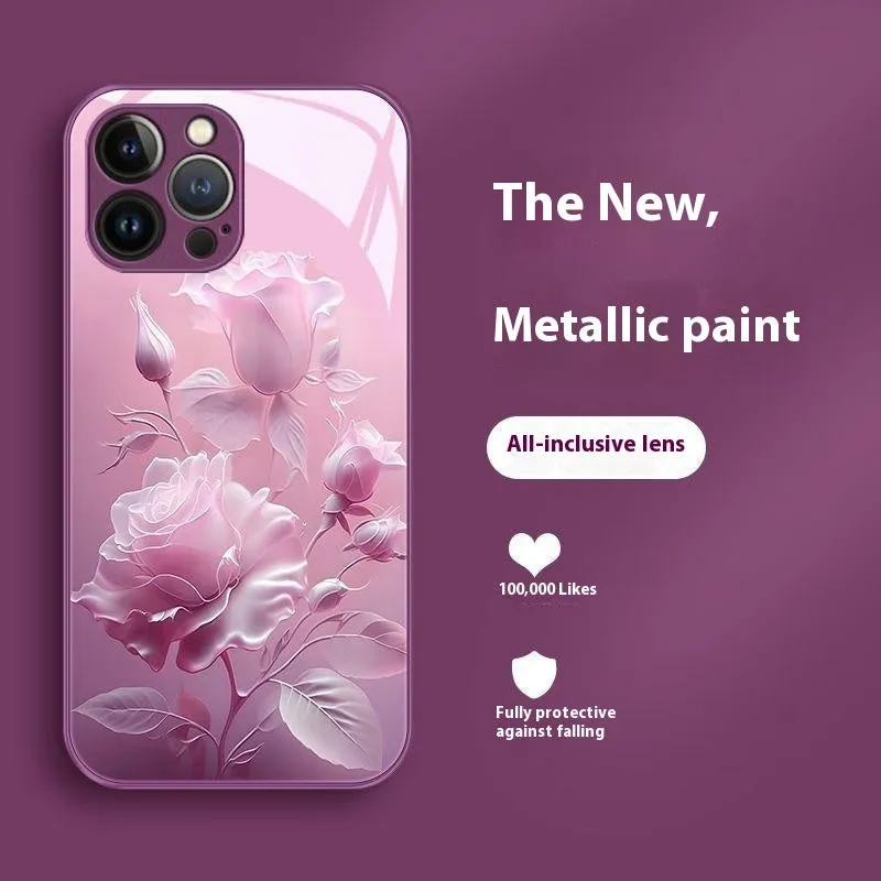 Blooming rose painted tempered glass phone case in pink colour for iPhone 12-15 series