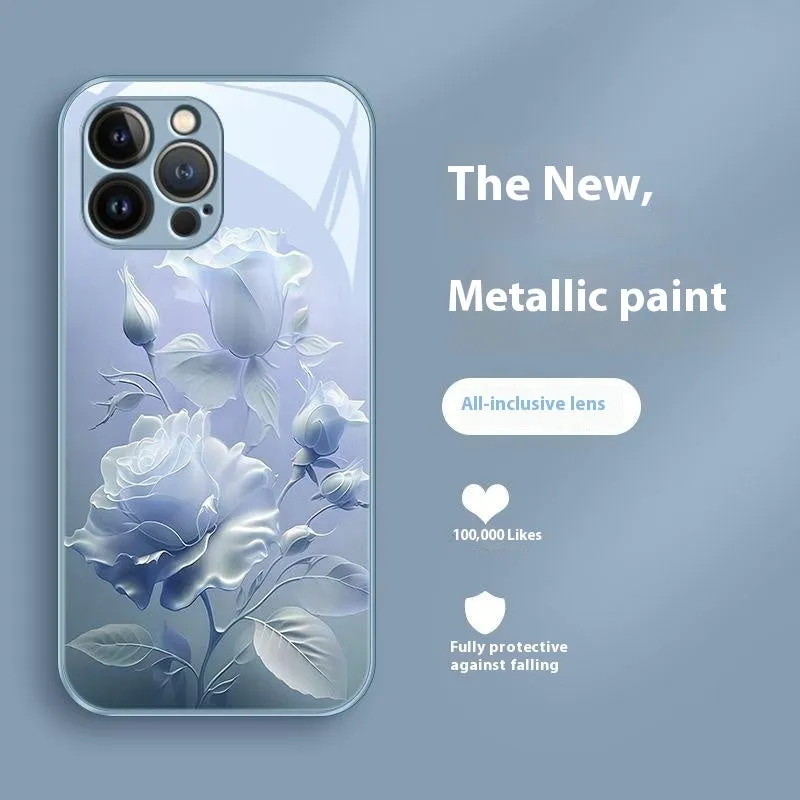 Blooming rose painted tempered glass phone case in pink colour for iPhone 12-15 series