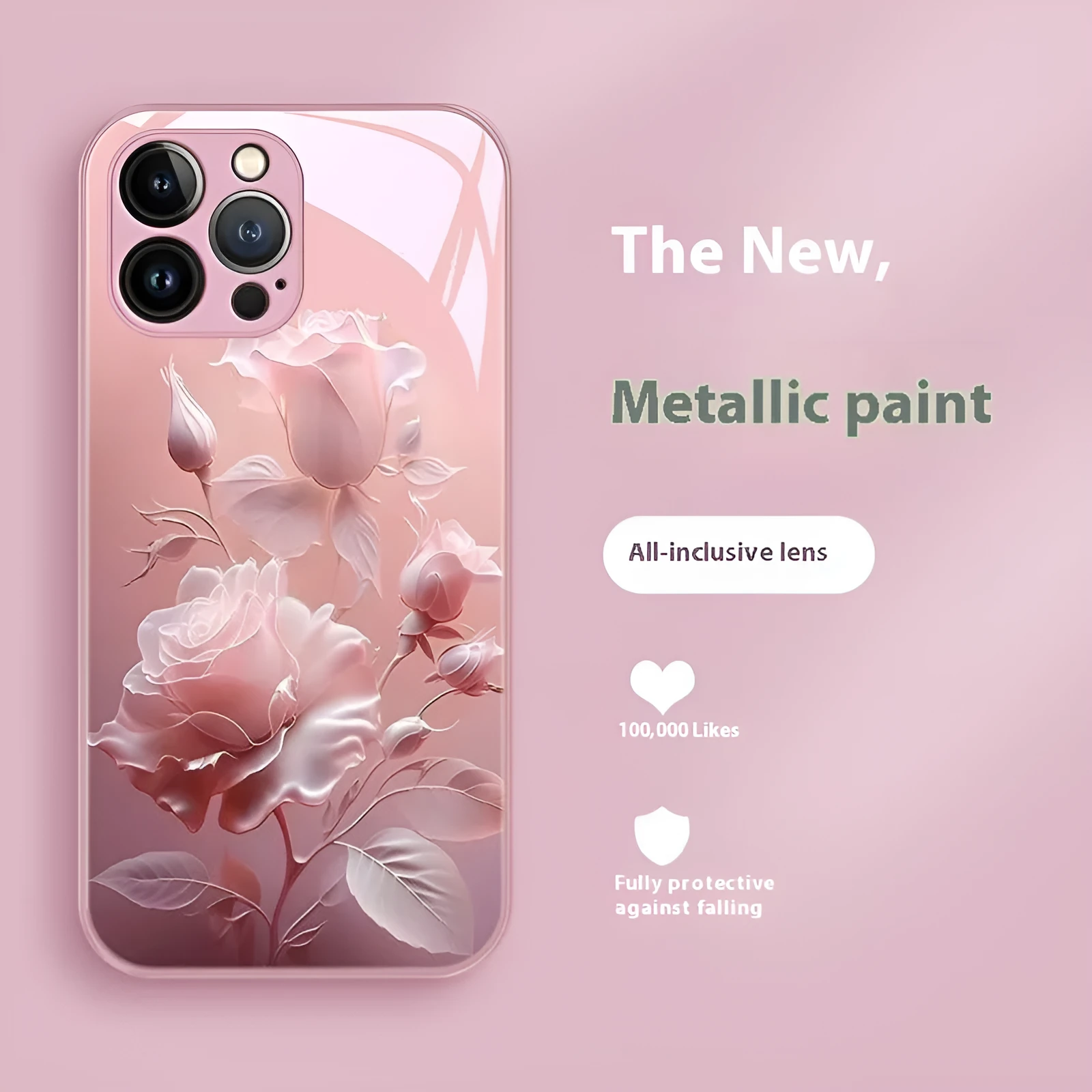 Blooming rose painted tempered glass phone case in pink colour for iPhone 12-15 series