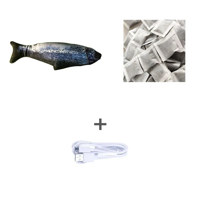 Electronic jumping fish cat toy measuring 30cm with multicolor PP design and USB cable