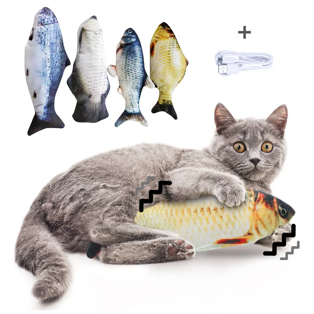 Electronic jumping fish cat toy measuring 30cm with multicolor PP design and USB cable