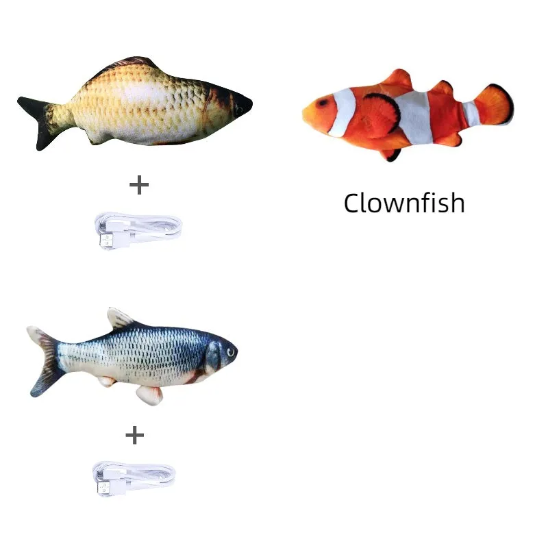 Electronic jumping fish cat toy measuring 30cm with multicolor PP design and USB cable
