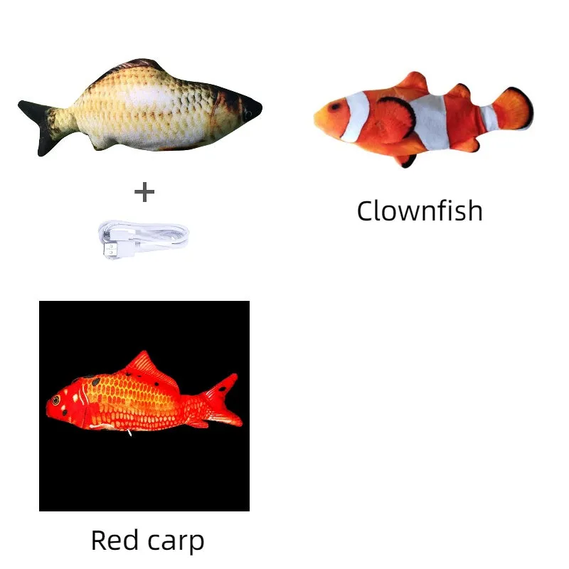 Electronic jumping fish cat toy measuring 30cm with multicolor PP design and USB cable