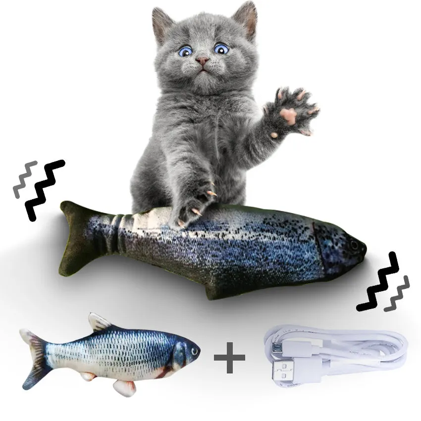 Electronic jumping fish cat toy measuring 30cm with multicolor PP design and USB cable