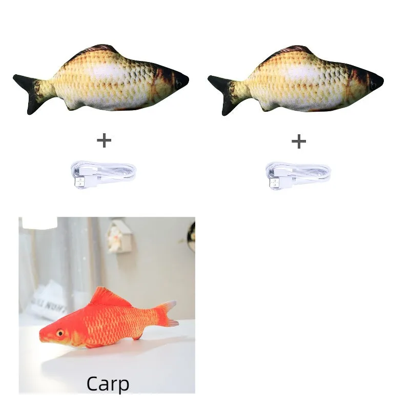 Electronic jumping fish cat toy measuring 30cm with multicolor PP design and USB cable