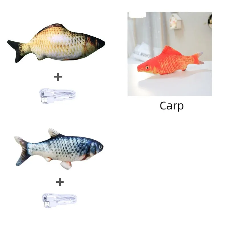 Electronic jumping fish cat toy measuring 30cm with multicolor PP design and USB cable
