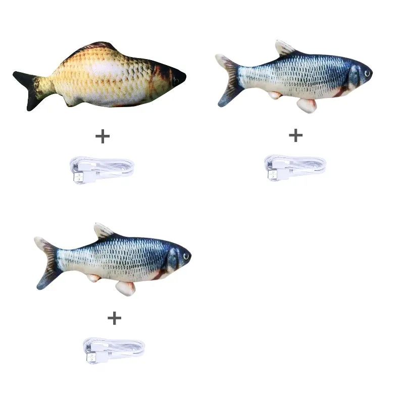 Electronic jumping fish cat toy measuring 30cm with multicolor PP design and USB cable