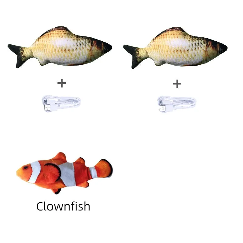 Electronic jumping fish cat toy measuring 30cm with multicolor PP design and USB cable