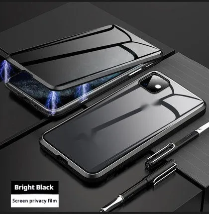 Magnetic aluminium alloy and glass back cover case for iPhone 16, available in different transparent colors with anti-peep screen