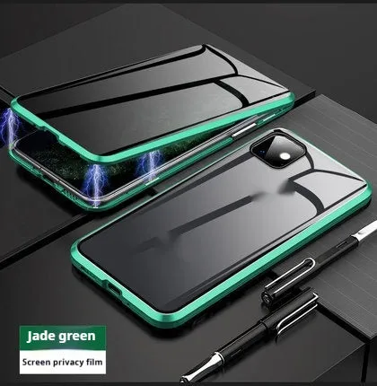 Magnetic aluminium alloy and glass back cover case for iPhone 16, available in different transparent colors with anti-peep screen