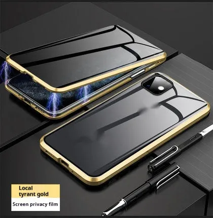 Magnetic aluminium alloy and glass back cover case for iPhone 16, available in different transparent colors with anti-peep screen