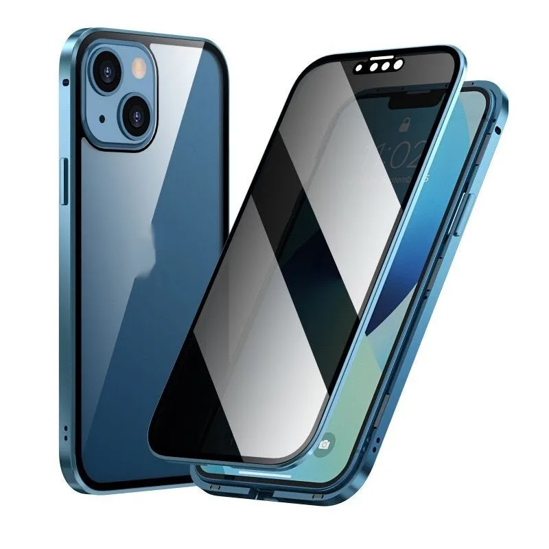 Magnetic aluminium alloy and glass back cover case for iPhone 16, available in different transparent colors with anti-peep screen
