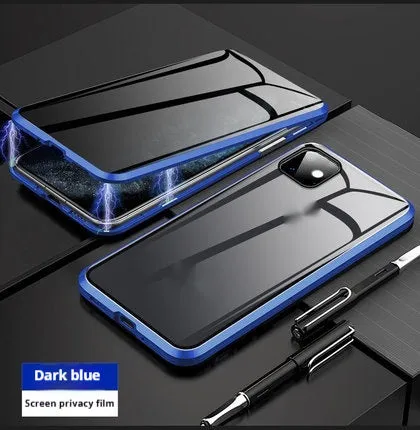 Magnetic aluminium alloy and glass back cover case for iPhone 16, available in different transparent colors with anti-peep screen