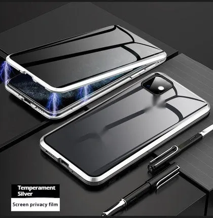 Magnetic aluminium alloy and glass back cover case for iPhone 16, available in different transparent colors with anti-peep screen