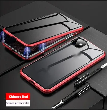 Magnetic aluminium alloy and glass back cover case for iPhone 16, available in different transparent colors with anti-peep screen