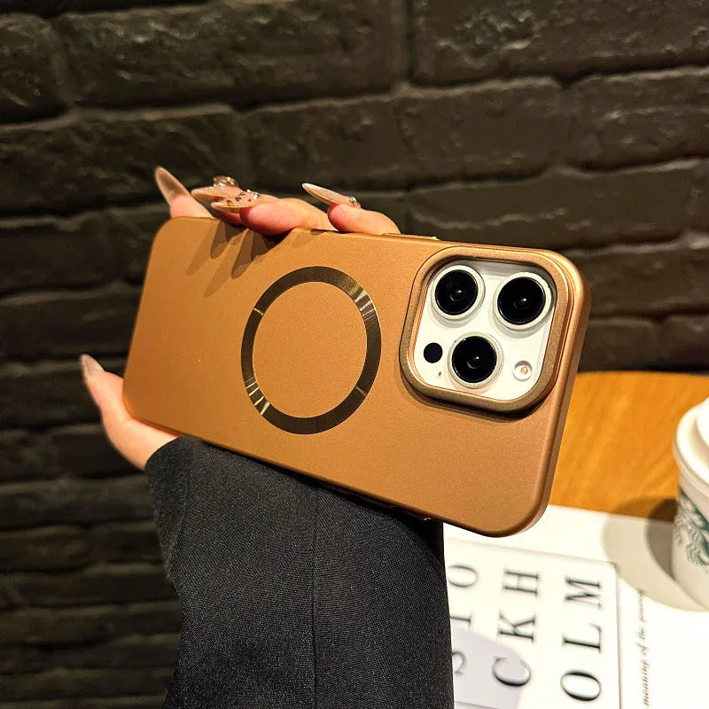 PC hard magnetic phone case with bracket in desert gold for iPhone 15