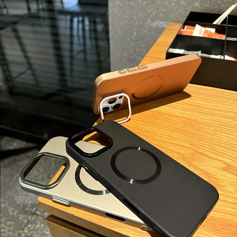 PC hard magnetic phone case with bracket in desert gold for iPhone 15