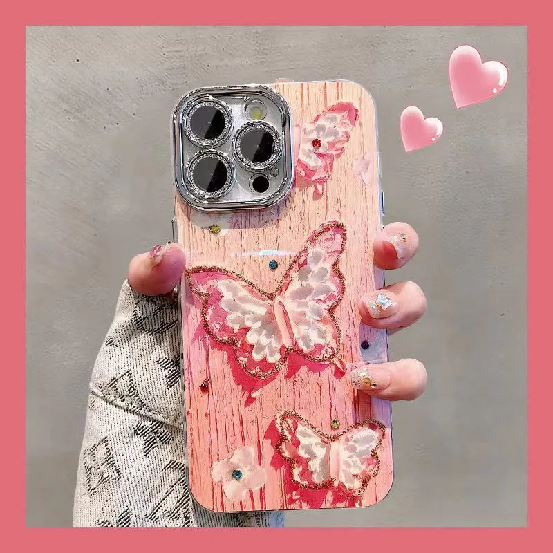 Pink plastic phone case with colour oil painting butterfly print for iPhone 11-15 series