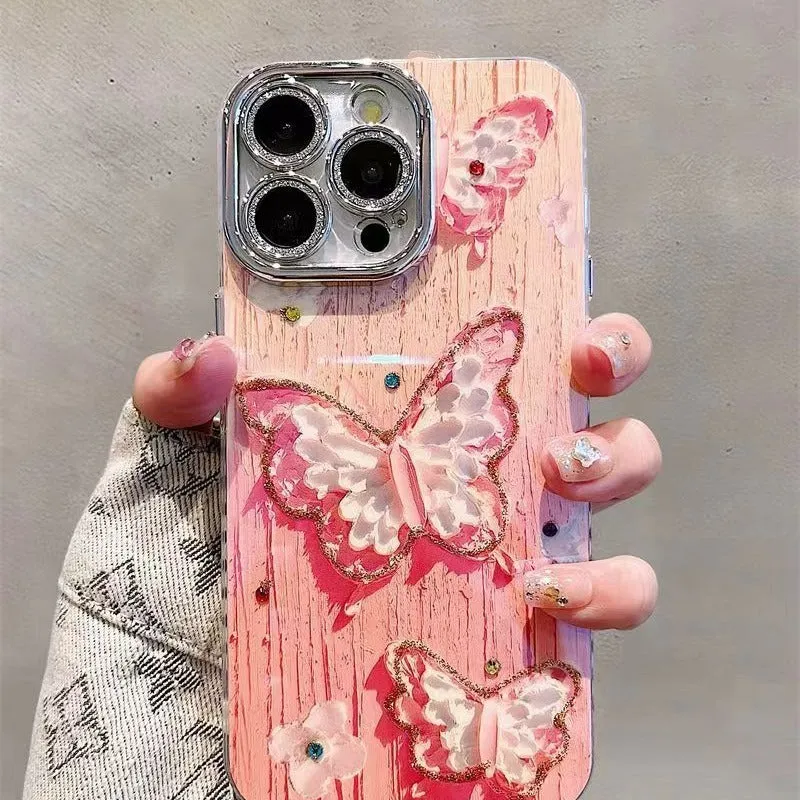 Pink plastic phone case with colour oil painting butterfly print for iPhone 11-15 series