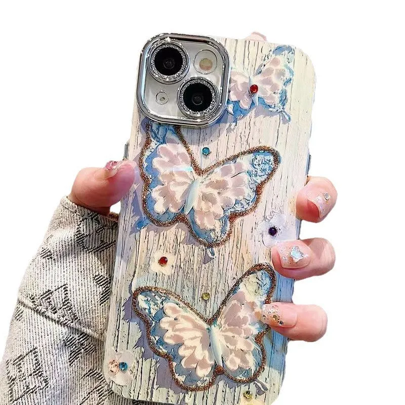 Pink plastic phone case with colour oil painting butterfly print for iPhone 11-15 series
